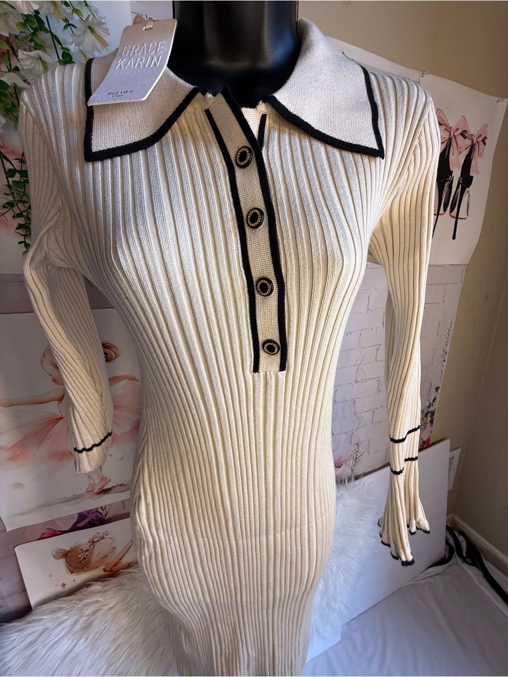 Grace Karin Cream Ribbed Knit Polo Dress with Black Trim Accents